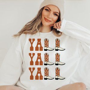 Yall Yall Yall Burnt Orange Longhorns Cowgirl Western Boots White Sweatshirt
